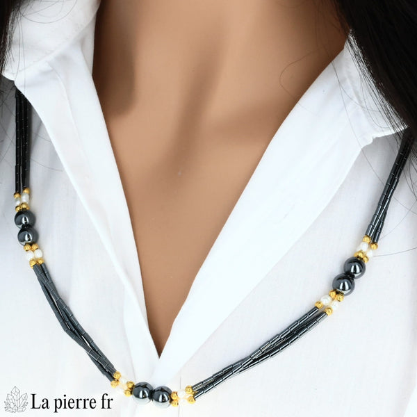 Sautoir en hématite de 65 cm porté long sans fermoir, La Pierre Fr