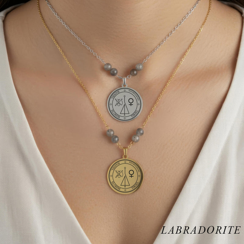 Collier talisman sceau de l’Archange Haniel avec perles en labradorite naturelle
