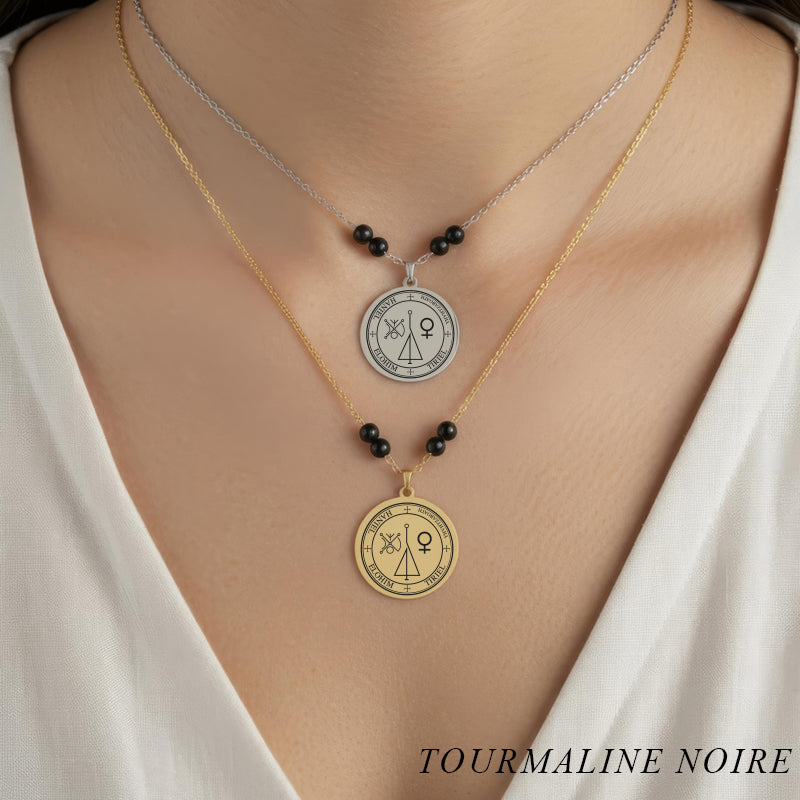 Collier sceau de l’Archange Haniel avec perles en tourmaline noire naturelle

