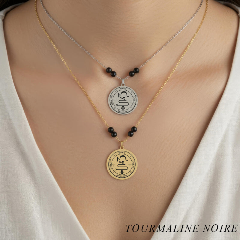 Collier sceau de l’Archange Jophiel avec perles en tourmaline noire naturelle
