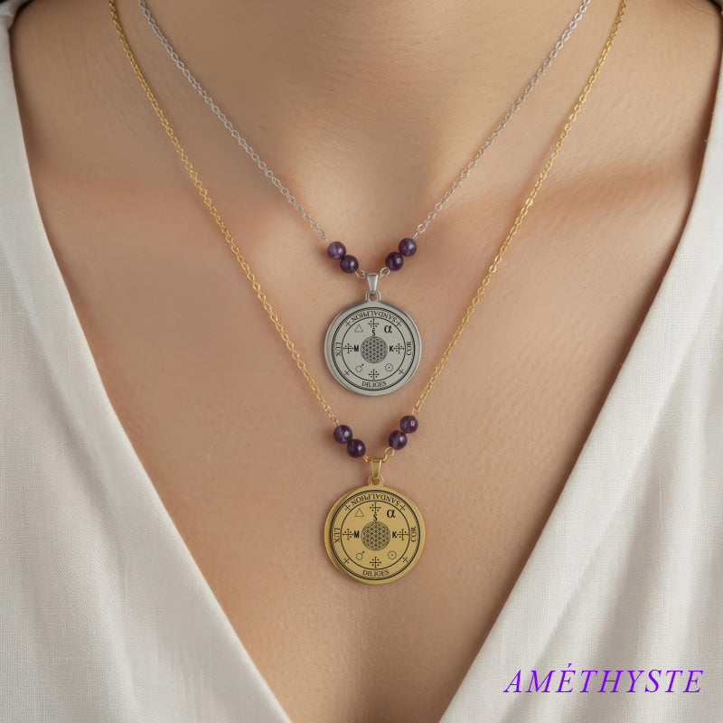 Collier sceau de l’Archange Sandalphon en acier inoxydable avec perles en améthyste
