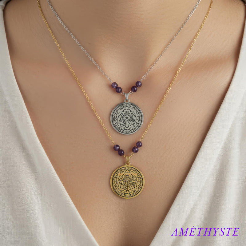 Collier sceau des 7 archanges en acier inoxydable avec perles en améthyste

