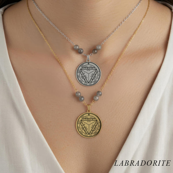 Collier talisman Septième Pentacle de Saturne avec perles en labradorite, collier ésotérique de protection globale
