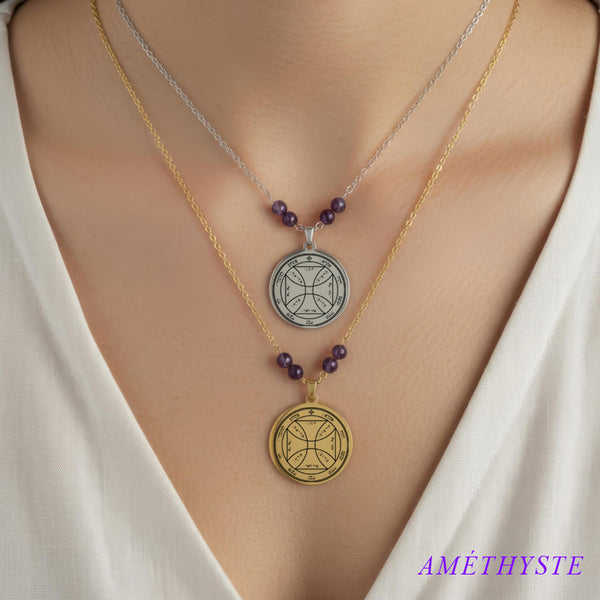 Collier talisman Septième Pentacle du Soleil avec perles en améthyste, bijou de sagesse et rayonnement
