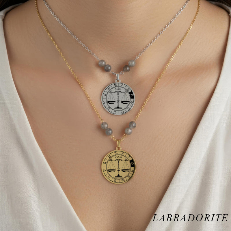 Collier Signe Astrologique Balance acier inoxydable doré et argenté avec perles en labradorite intuition