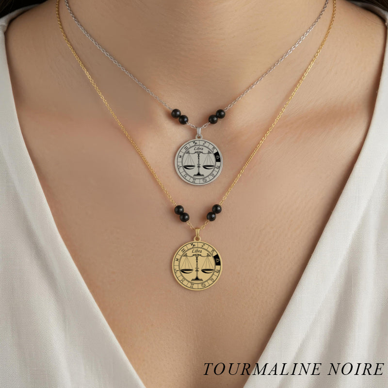 Collier Signe Astrologique Balance acier inoxydable doré et argenté avec perles en tourmaline noire de protection