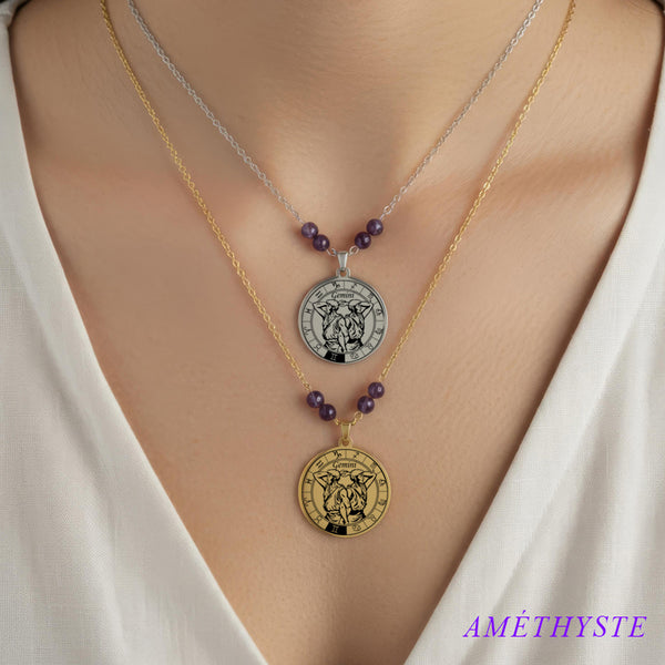 Collier Signe Astrologique Gémeaux acier inoxydable doré et argenté avec perles en améthyste naturelle