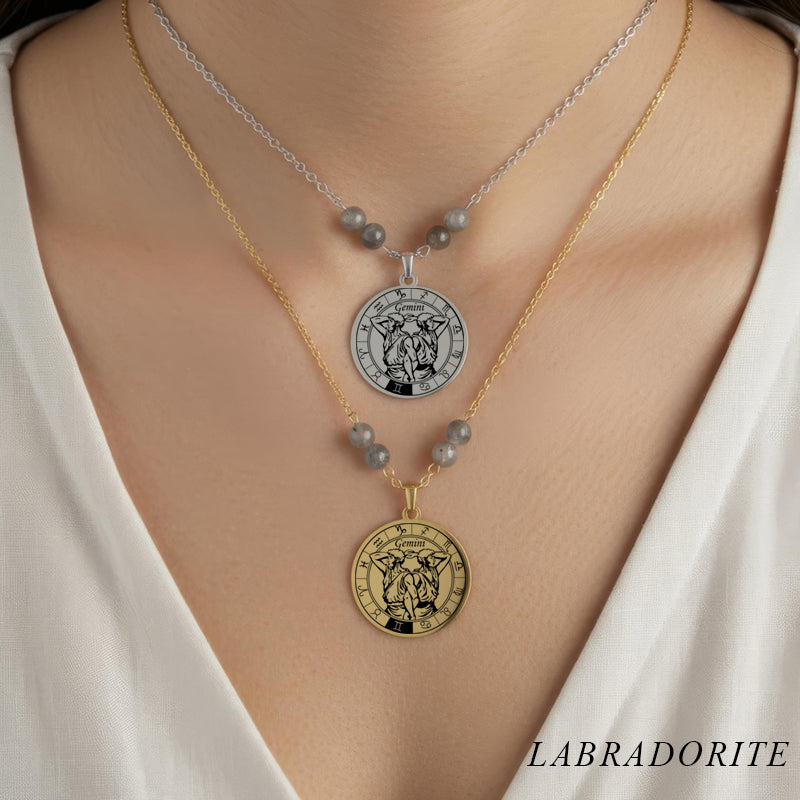 Collier Signe Astrologique Gémeaux acier inoxydable doré et argenté avec perles en labradorite intuition