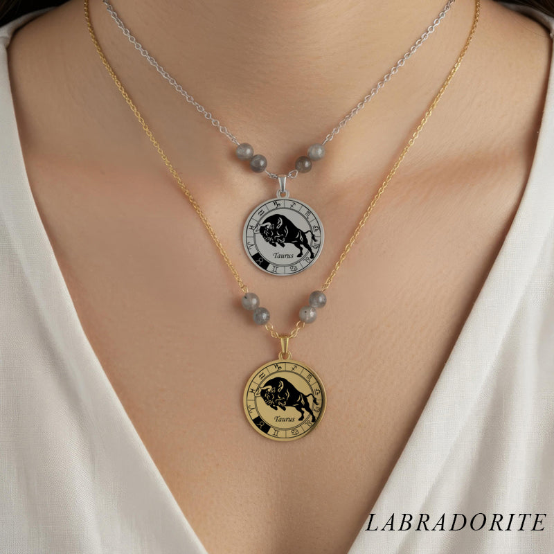 Collier Signe Astrologique Taureau acier inoxydable doré et argenté avec perles en labradorite intuition