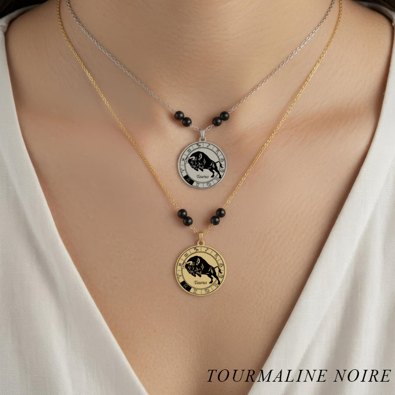 Collier Signe Astrologique Taureau acier inoxydable doré et argenté avec perles en tourmaline noire de protection