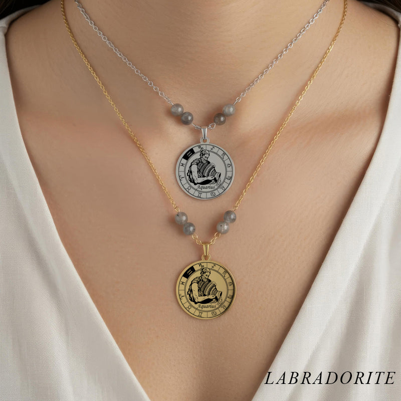 Collier Signe Astrologique Verseau acier inoxydable doré et argenté avec perles en labradorite intuition