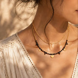 Collier Onyx Noir CALYA®, Double Rang Superposé Doré