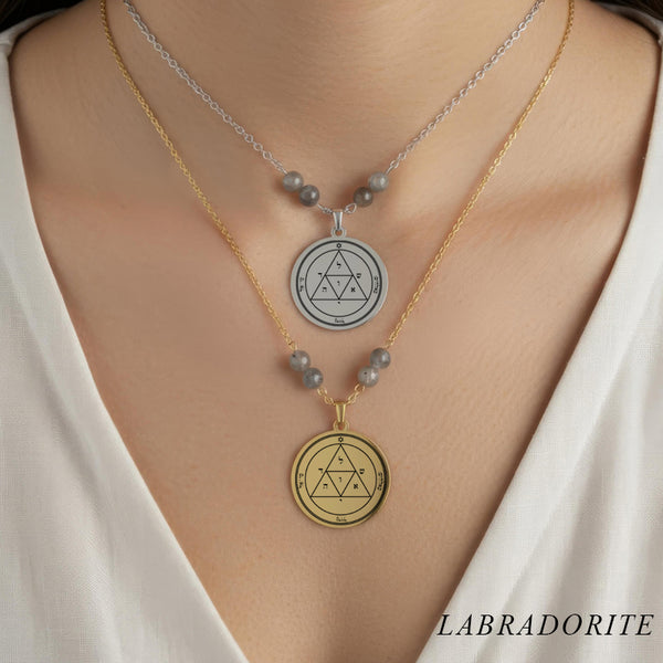 Collier talisman Troisième Pentacle de Mars avec perles en labradorite, collier ésotérique de protection stratégique
