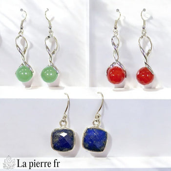 Boucles d’oreilles uniques composées de plusieurs minéraux naturels, création artisanale La Pierre FR mêlant beauté et bienfaits énergétiques.