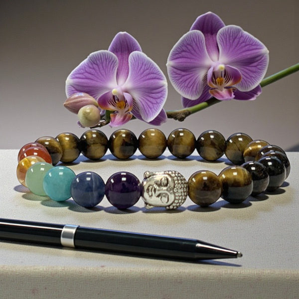Détail du bracelet 7 chakras avec perle Bouddha et pierres naturelles 8 mm