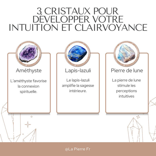 Pierres pour développer intuition et clairvoyance : lapis-lazuli, améthyste, pierre de lune.