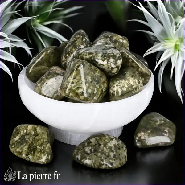 Pierres roulées en Épidote Mouchetée naturelle, idéale pour lithothérapie, équilibre émotionnel et transformation positive.