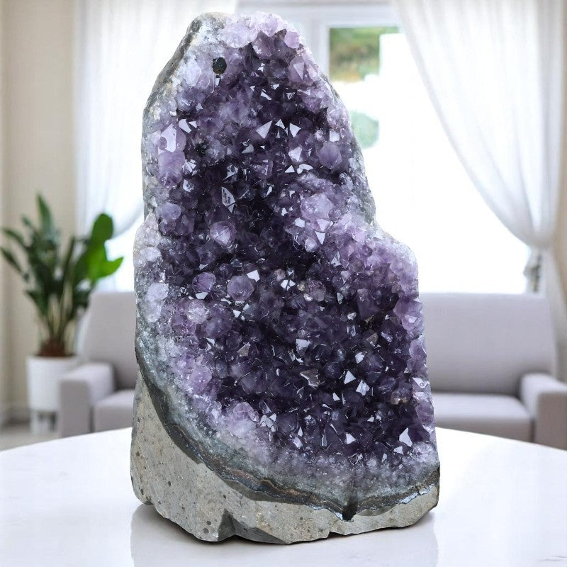 Profil d’une géode d’améthyste d’Uruguay montrant la bordure minérale et le cœur violet