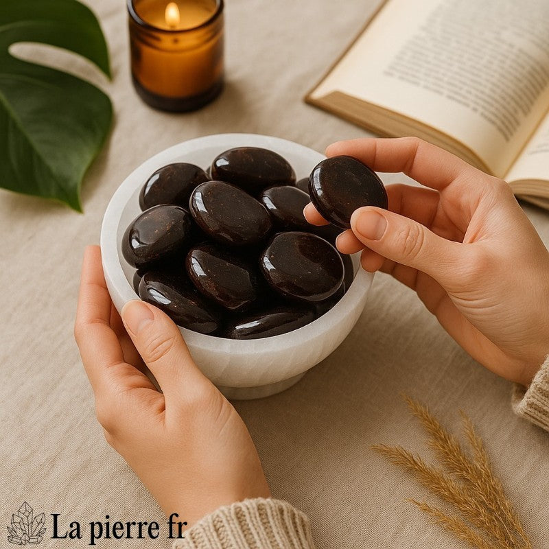 Galet plat de Grenat rouge en main, pierre naturelle pour massage et lithothérapie
