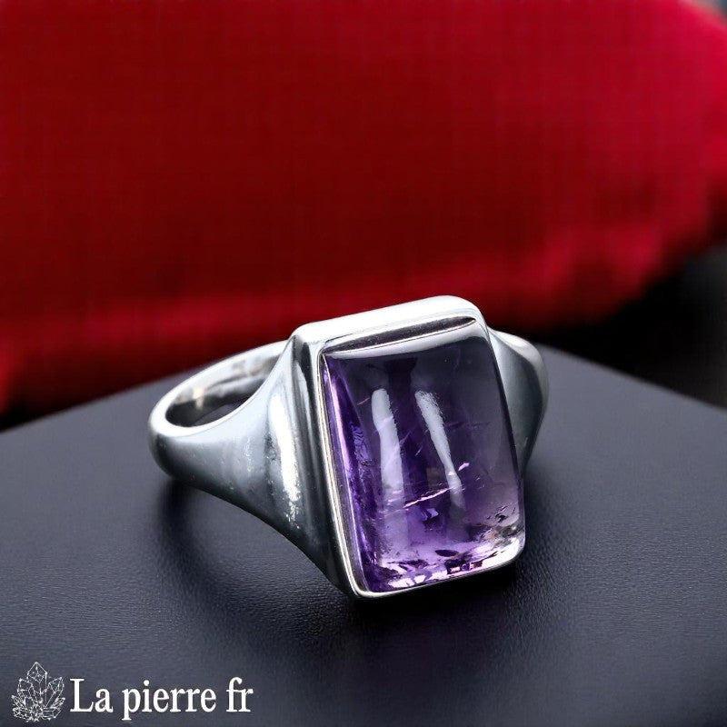 Bague Améthyste véritable Rectangulaire en Argent Rhodié pour femme (Athena)