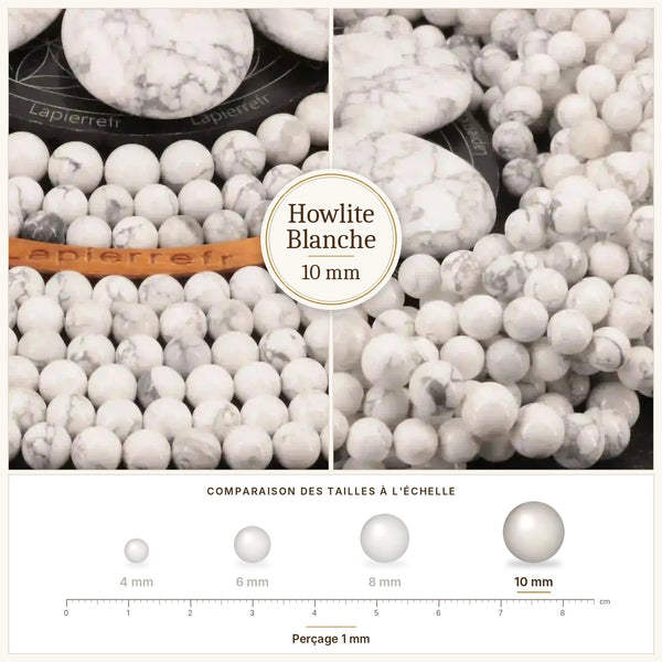Grosses perles blanches veinées de gris en howlite de 10 mm