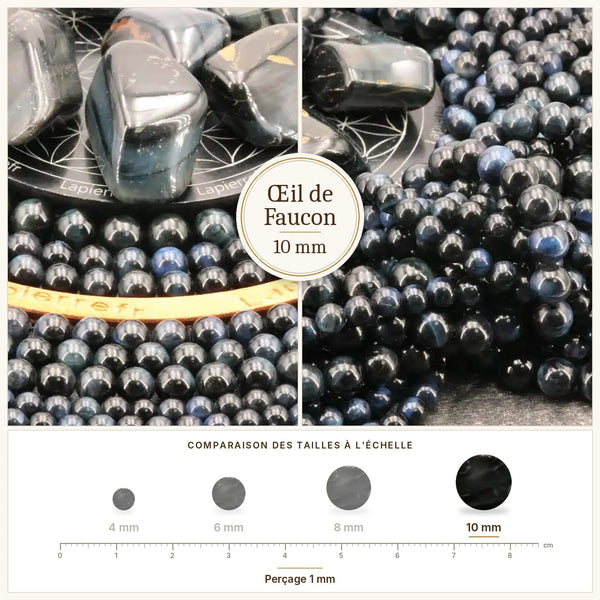 Grosses perles bleu-gris en œil de faucon 10 mm, reflet soyeux