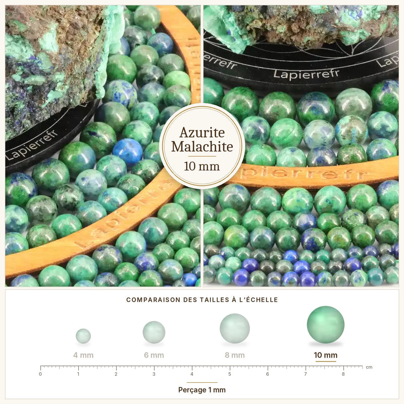 Fil de perles azurite malachite stabilisée rondes et polies en pierre naturelle