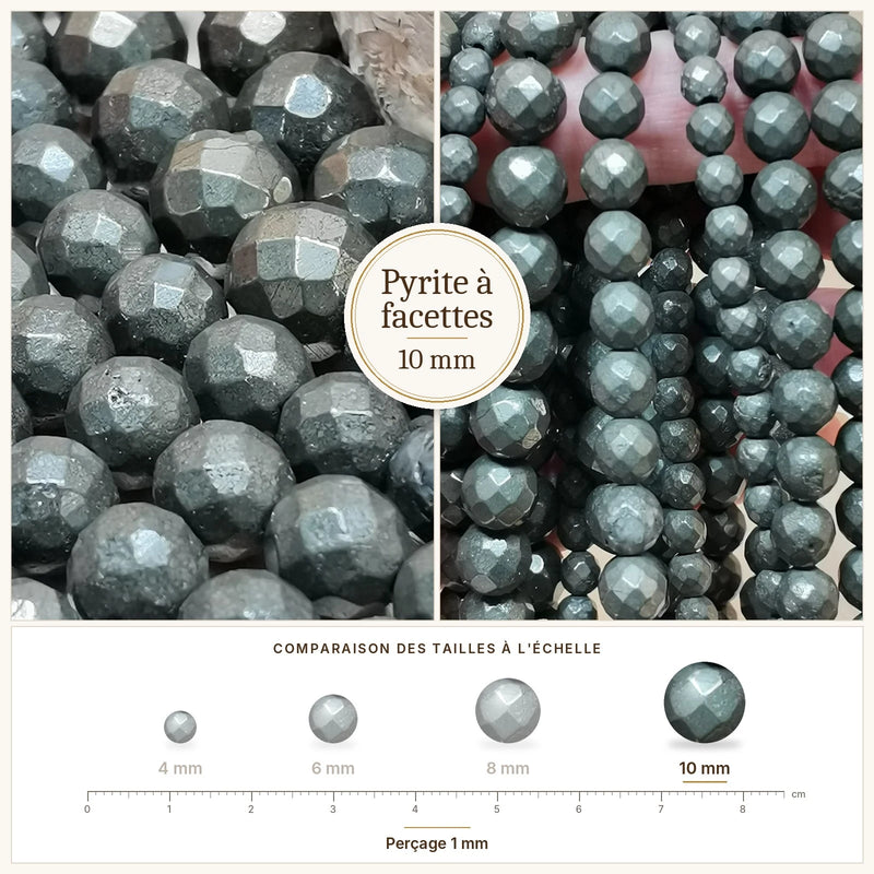 Fil de perles pyrite rondes à facettes en pierre naturelle