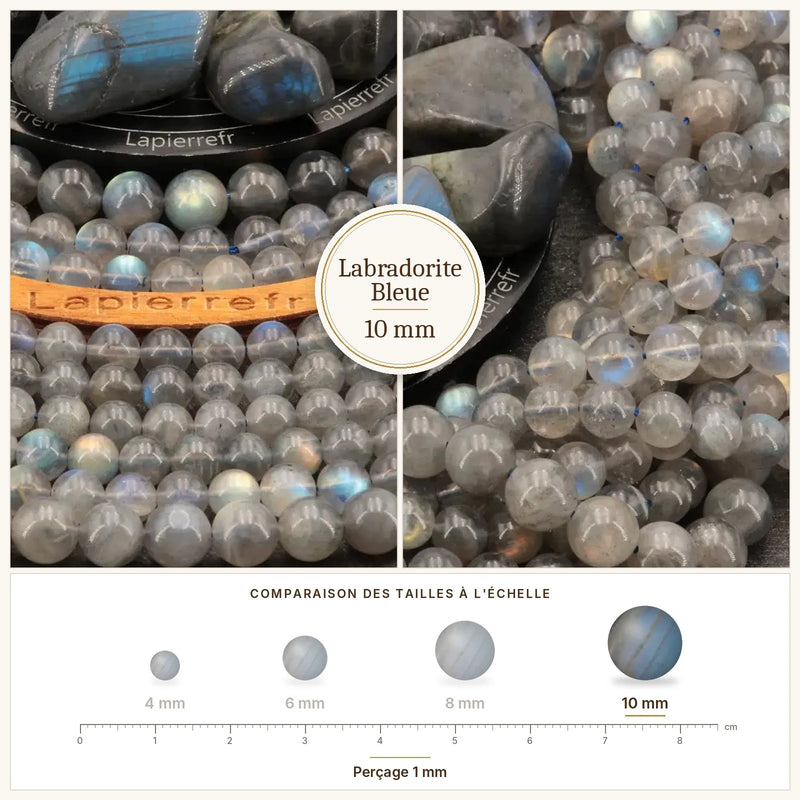Fil de perles labradorite bleue rondes et polies en pierre naturelle