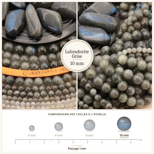 Grosses perles de labradorite grise aux reflets bleus