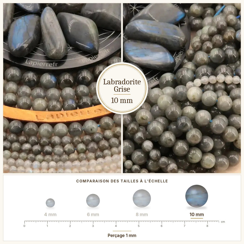 Fil de perles labradorite grise rondes et polies en pierre naturelle
