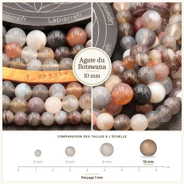 Grosses perles grises et rosées en agate du Botswana 10 mm