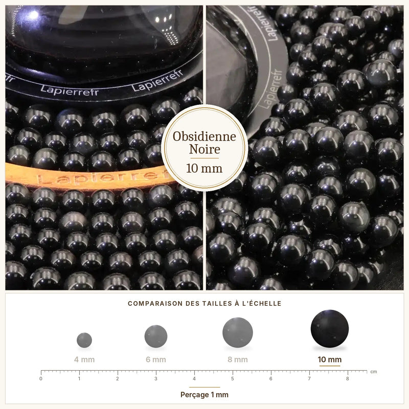 Fil de perles obsidienne noire rondes et polies en pierre naturelle