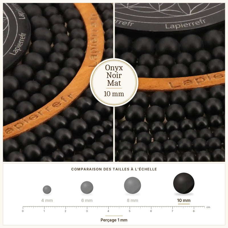 Fil de perles onyx noir mat rondes et polies en pierre naturelle