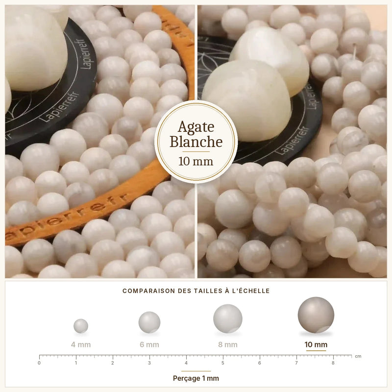 Fil de perles agate blanche rondes et polies en pierre naturelle