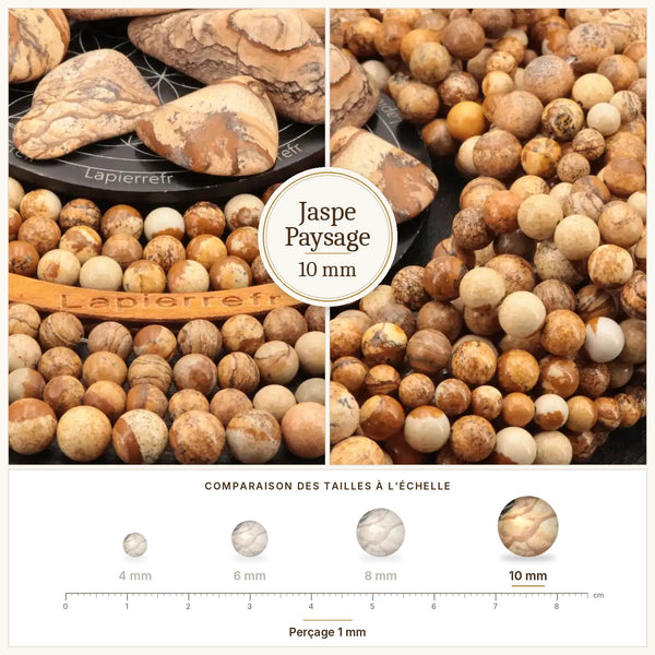 Grosse perle en pierre marron et beige, jaspe paysage 10 mm