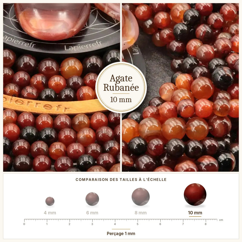 Fil de perles agate rubanée rondes et polies en pierre naturelle