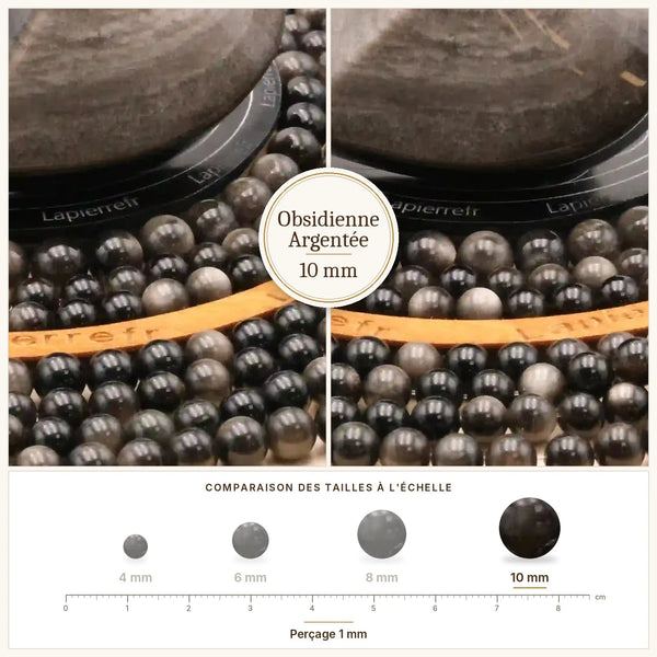 Grosse perle en pierre noire aux reflets argentés, obsidienne 10 mm