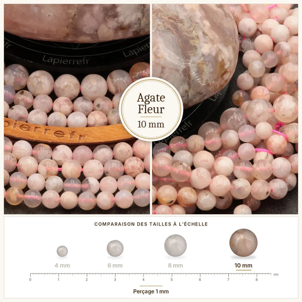 Grosses perles roses et blanches en agate fleur 10 mm