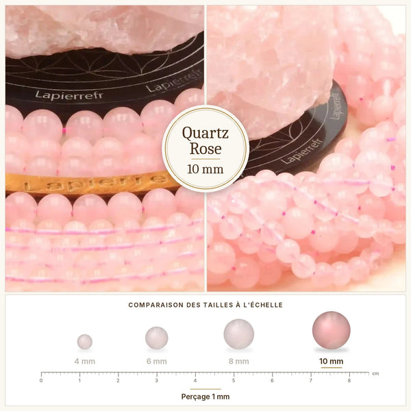 Grosses perles roses en quartz rose du Brésil, diamètre 10 mm