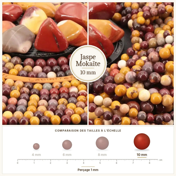 Grosses perles rouge ocre et jaunes en jaspe mokaïte 10 mm