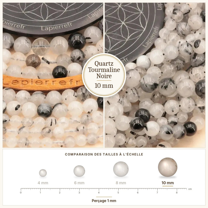 Fil de perles quartz tourmaline noire rondes et polies en pierre naturelle