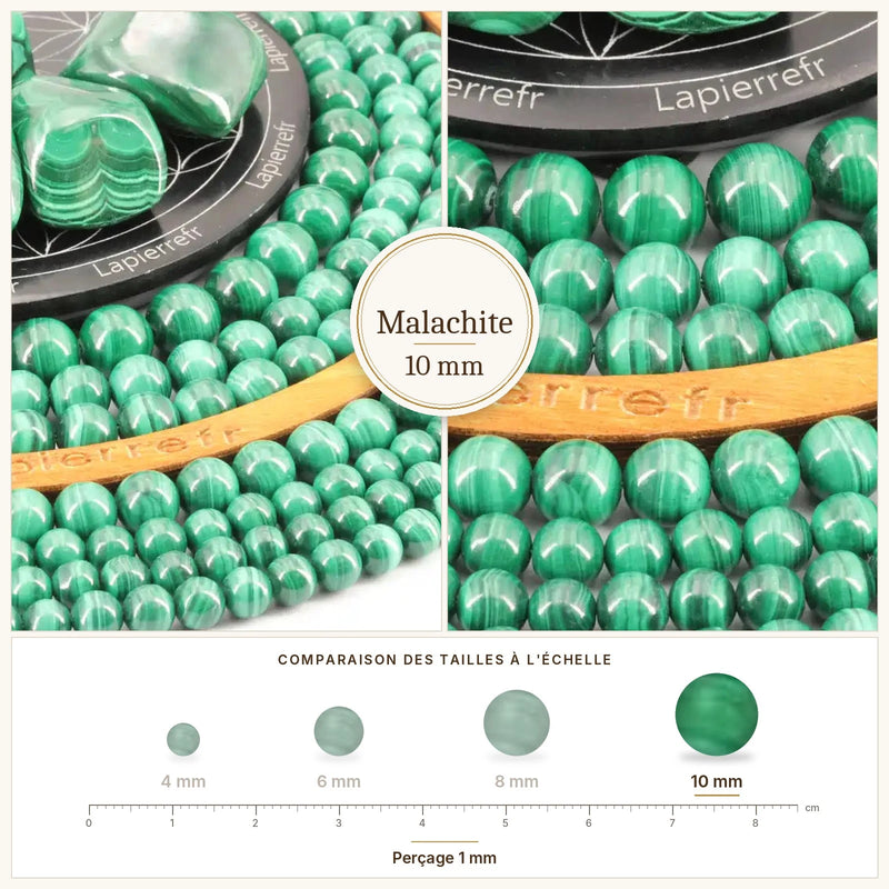 Fil de perles malachite rondes et polies en pierre naturelle