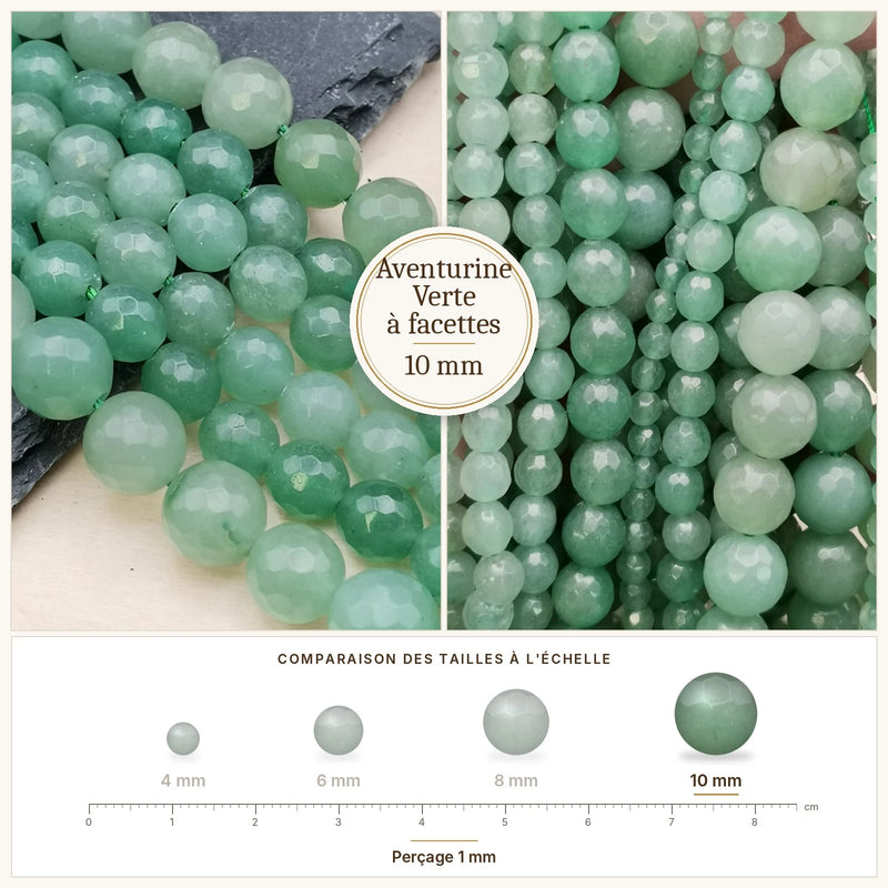 Fil de perles aventurine verte rondes à facettes en pierre naturelle