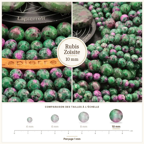 Grosses perles vertes ponctuées de rouge, rubis zoïsite 10 mm