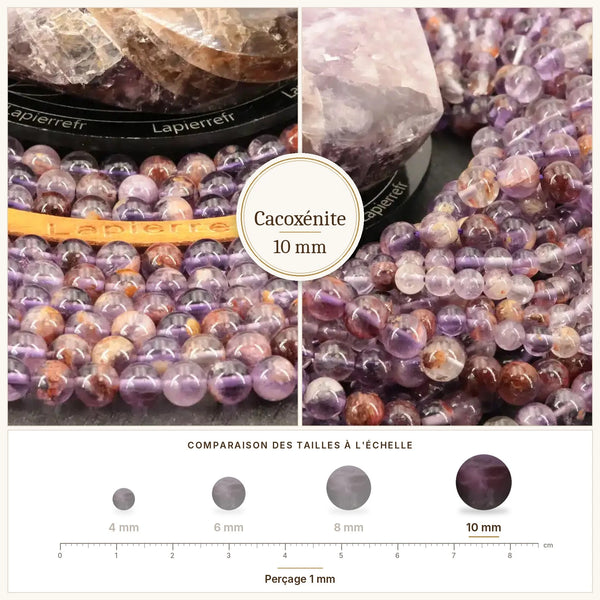 Grosses perles violettes à inclusions marron, cacoxénite 10 mm
