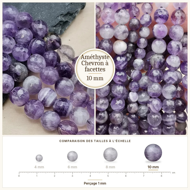 Fil de perles améthyste chevron rondes à facettes en pierre naturelle
