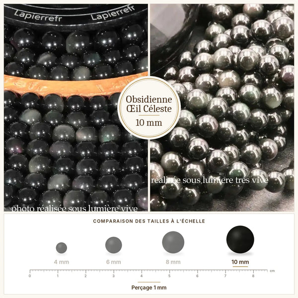 Grosses perles noires irisées en obsidienne œil céleste 10 mm