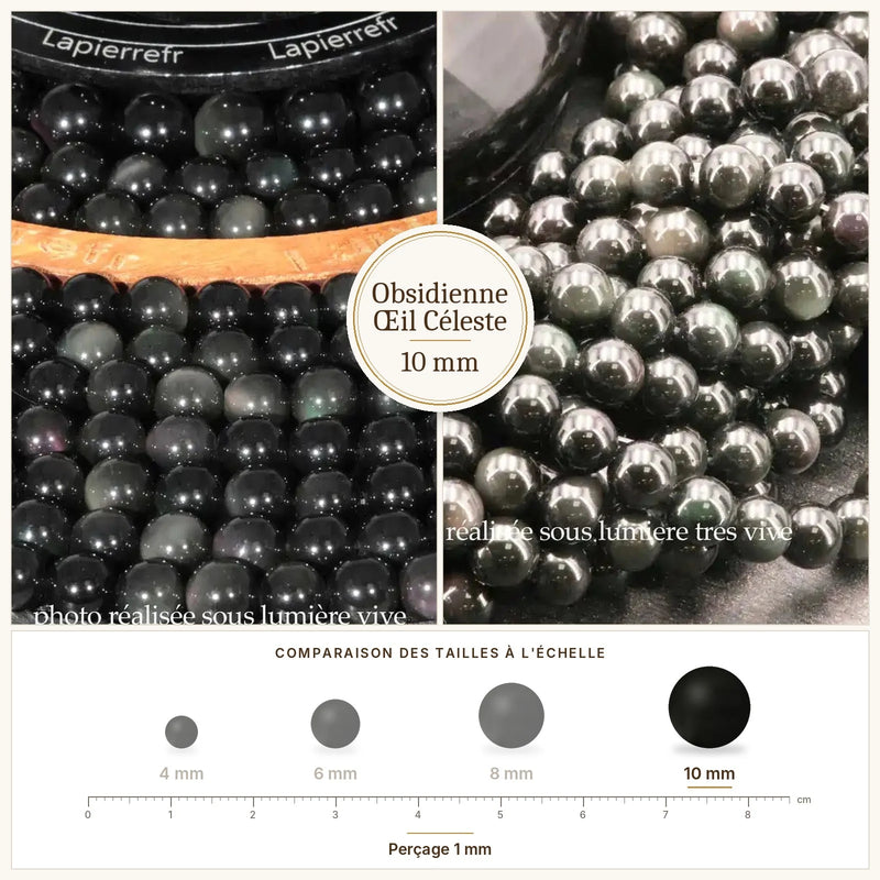 Fil de perles obsidienne œil céleste rondes et polies en pierre naturelle