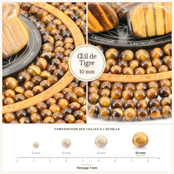 Grosses perles œil de tigre 10 mm marron dorées pour bracelet homme